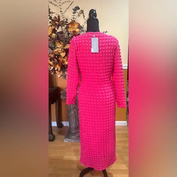 ANTONIO MELANI Bubble Smocked Knit Square Neck Long Sleeve Midi Bodycon Dress - Picture 2 of 9